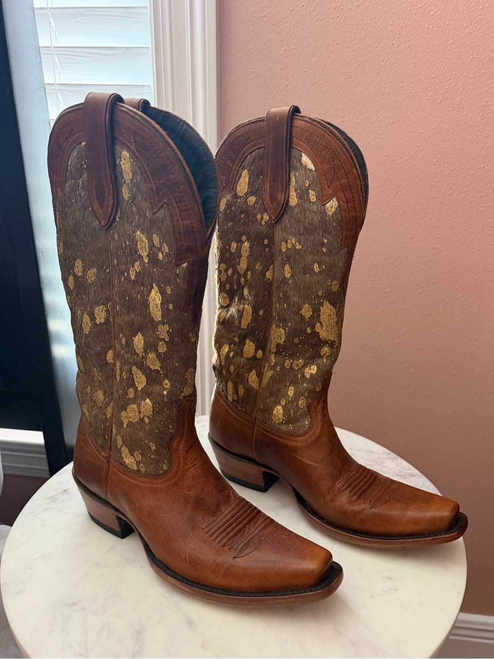 Allens Brown Leather Western Heeled Boots with Gold-Accent Calf Hair Shaft